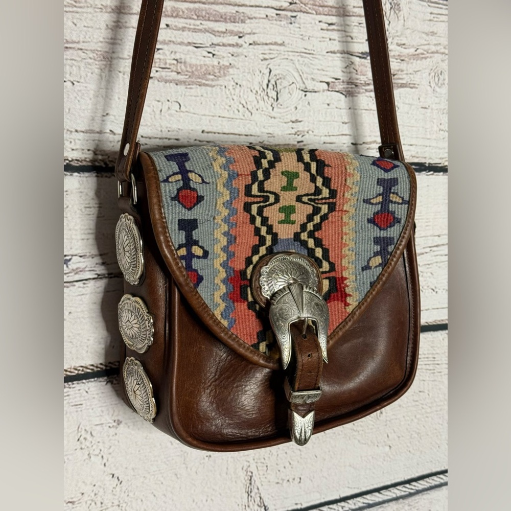 Handmade vintage western Aztec pattern Brown Leather Crossbody Bag with tapestry - Picture 1 of 14